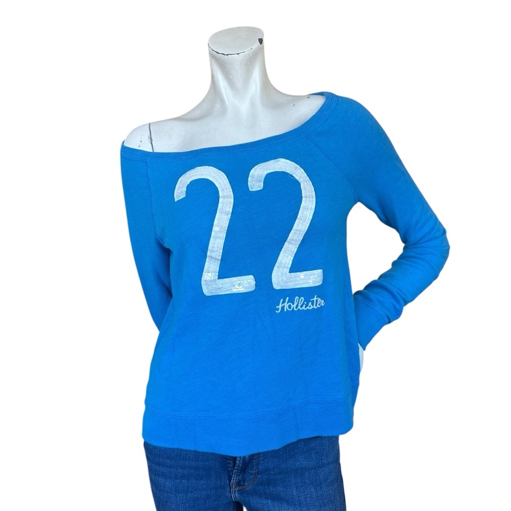 Y2K McBling Hollister Wide Neck Off Shoulder Blue White Sequin 22 Sweatshirt XS